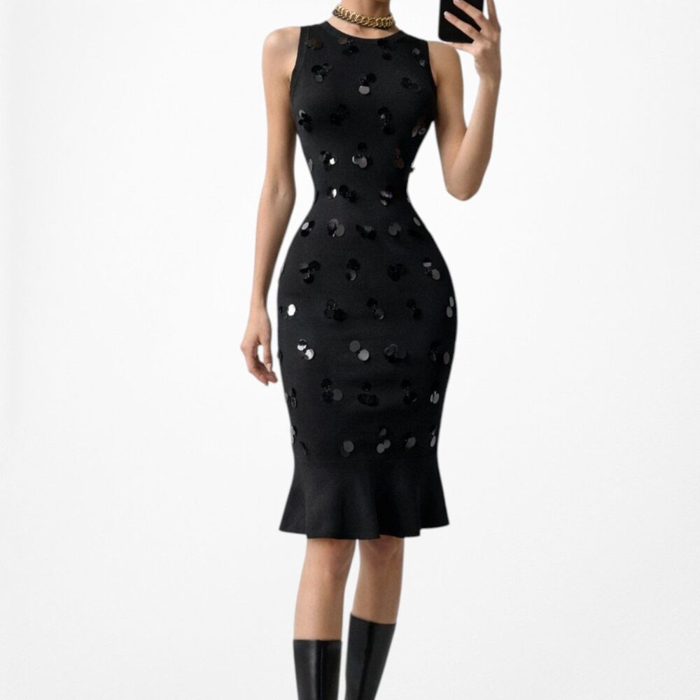 Vintage Y2K 90s Sleeveless Knit Sequin Knee Length Ruffle Bodycon Dress Size M